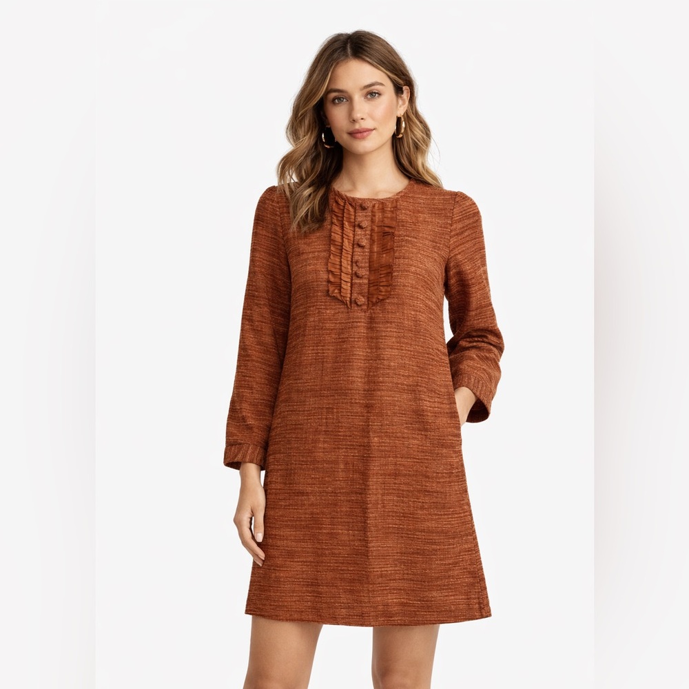 H&M Rust/Copper Textured Shift Dress Long Sleeve Ruffle Front US 10